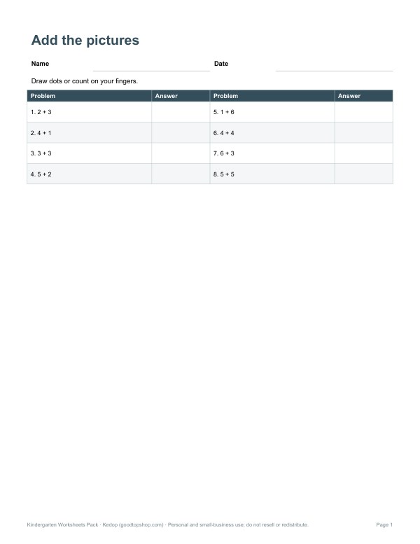 Preview of Addition to 10 Worksheet