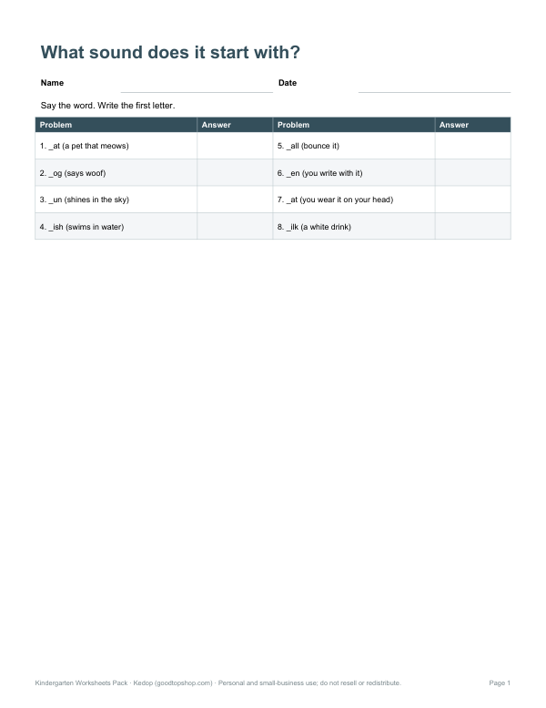 Preview of Beginning Sounds Worksheet for Kindergarten