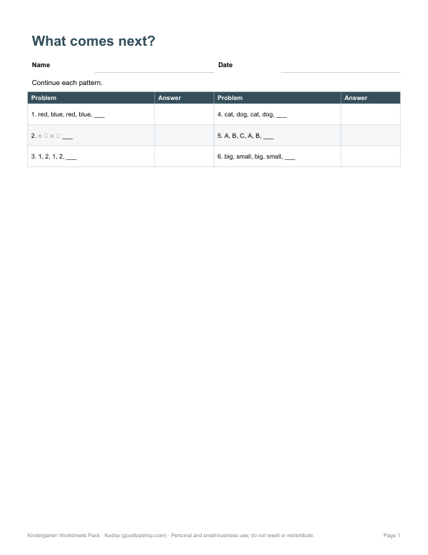Preview of Printable Kindergarten Patterns Worksheet