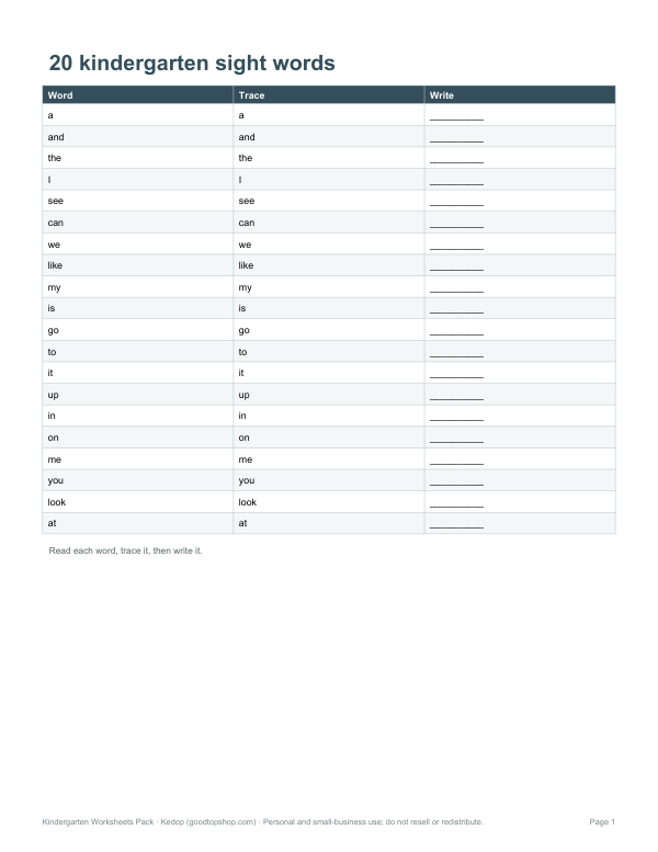 Preview of Printable Kindergarten Sight Words Worksheet