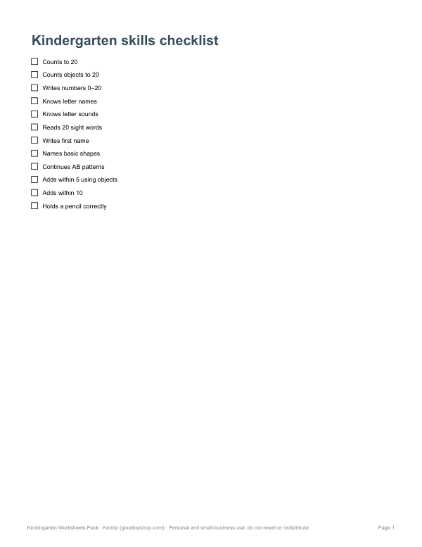 Preview of Printable Kindergarten Skills Checklist